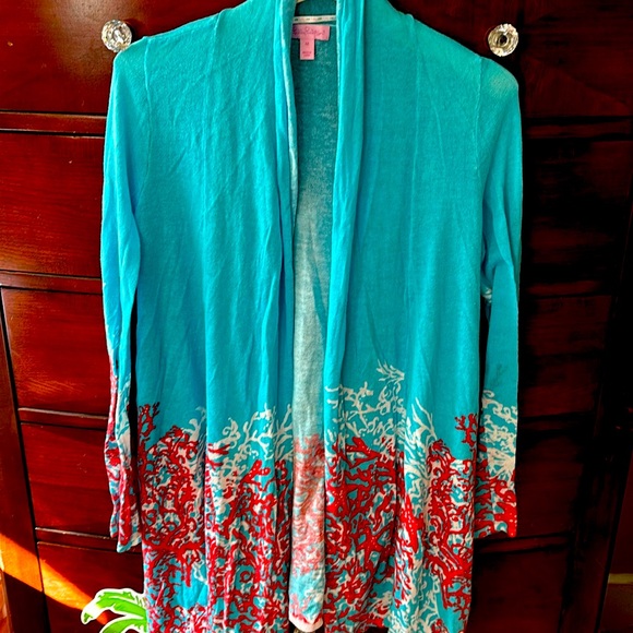 Lilly Pulitzer Cardigan Turquoise Coral Border Reef Print - Picture 1 of 7